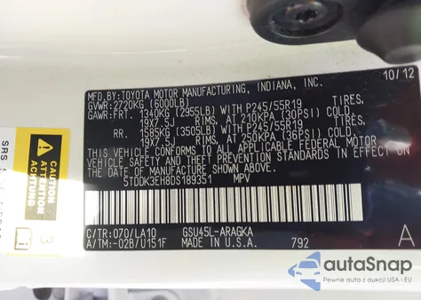 2013 Toyota Highlander Limited V6 z USA, uszkodzony, nr VIN 5TDDK3EH8DS189351